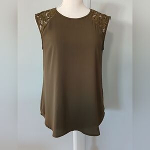 J. Crew Olive Green Sleeveless Lace Shoulder Blouse